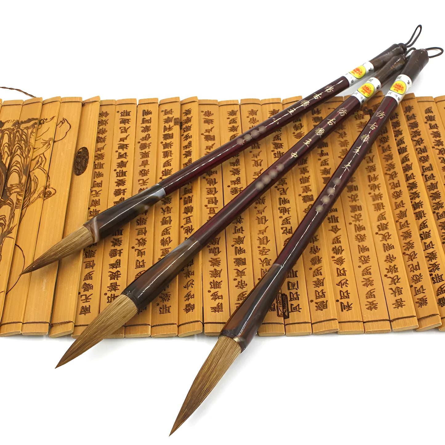 Wolf Hao traditional Chinese calligraphy brush set with steel rod handles and wolf hair nibs in multiple sizes.
