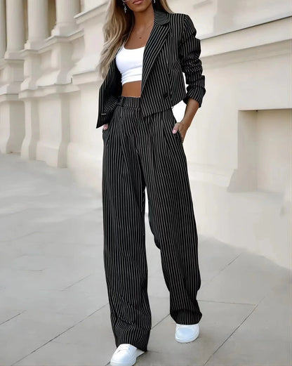 Stylish striped suit set with cropped top and straight-leg pants in a variety of classic colors