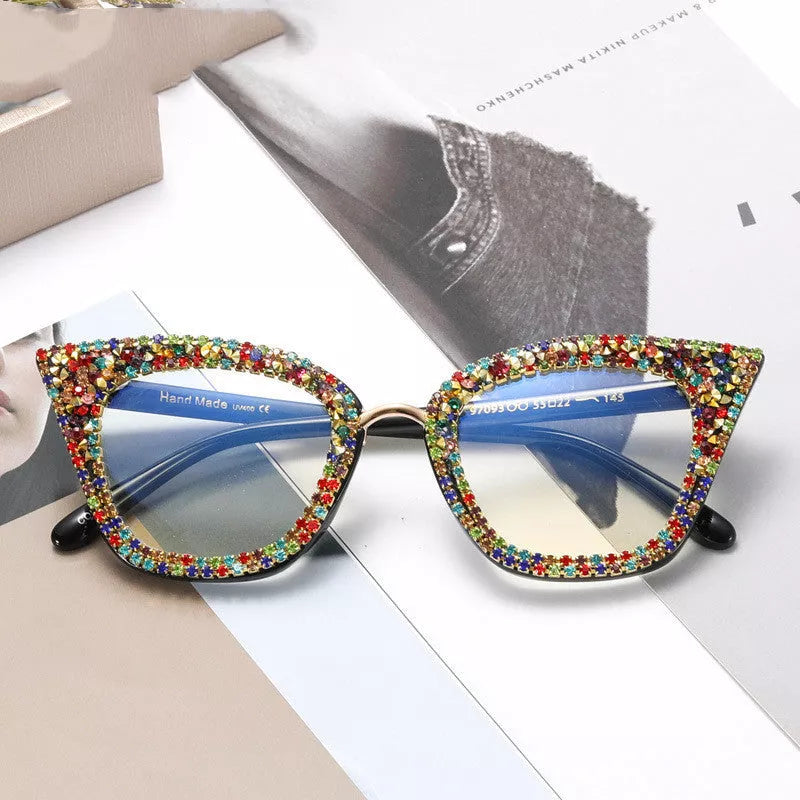 A97093 Cat Eye Anti Blue Light Glasses for Women in Bright Black White Diamond and Colorful Crystals