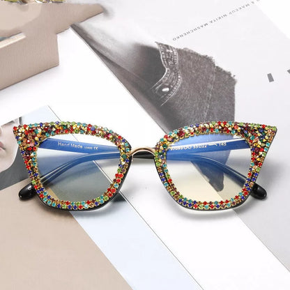 A97093 Cat Eye Anti Blue Light Glasses for Women in Bright Black White Diamond and Colorful Crystals