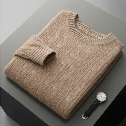 Men's twist round neck wool pullover sweater in white and gray, loose fit, long sleeves, sizes S to 3XL