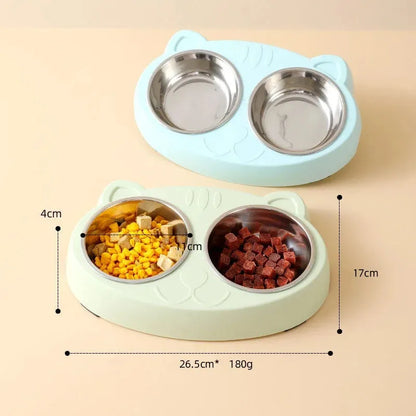 Blue plastic pet feeder tray with two adjacent bowls for cat or dog food and water