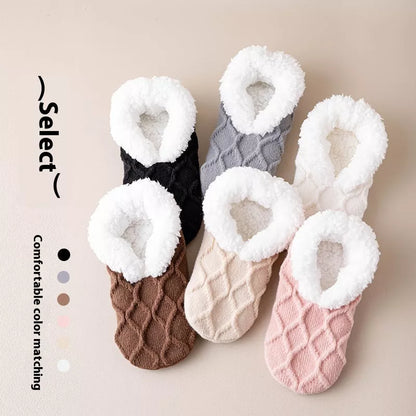 Unisex thick thermal plush slipper socks with non-slip grip in various colors