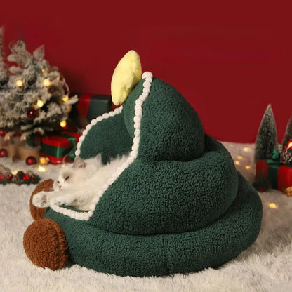 Green Christmas tree shaped closed cat nest with removable washable cover for winter and all season indoor use