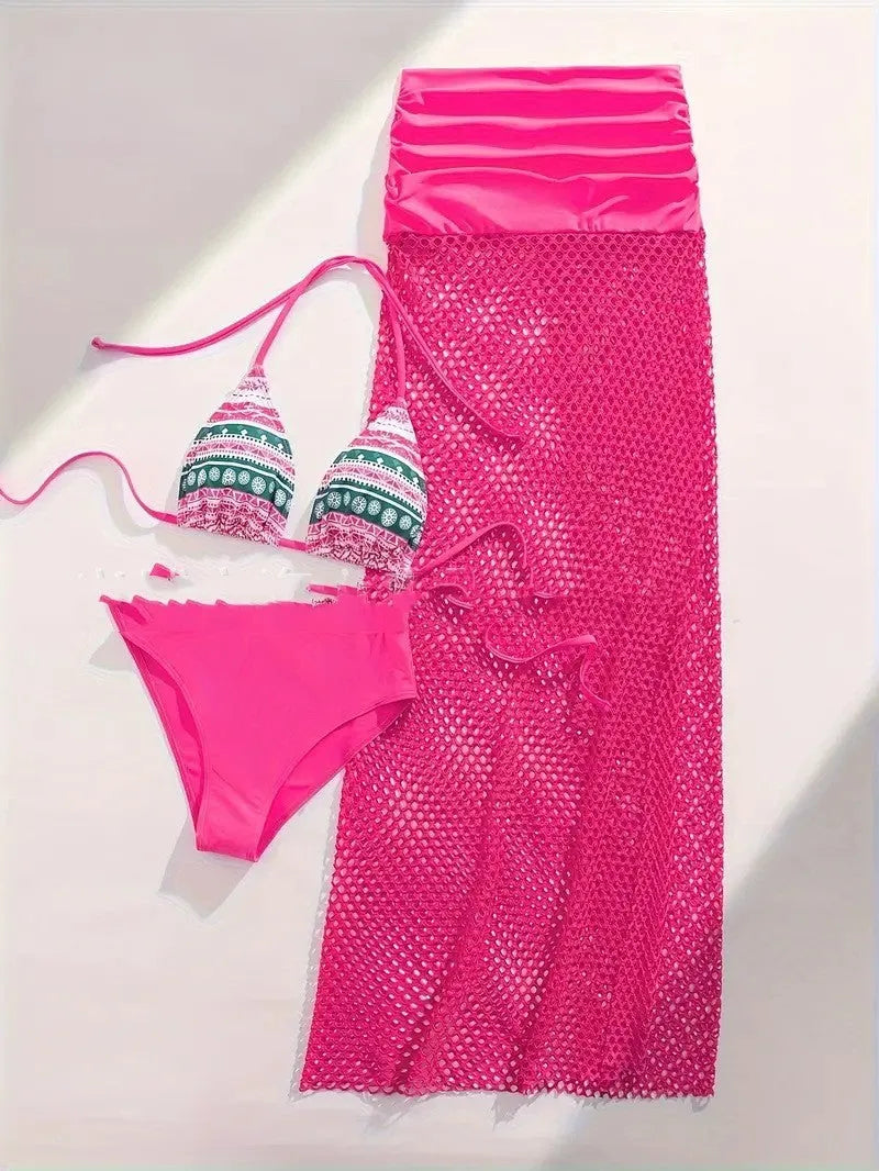 Women's three-piece bikini set with fishnet long skirt in gradient brown, rose pink, or black colours