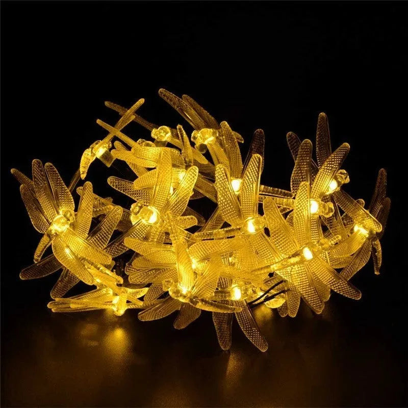 Outdoor solar powered dragonfly LED string lights with 20 warm white lights on 5 metre cable