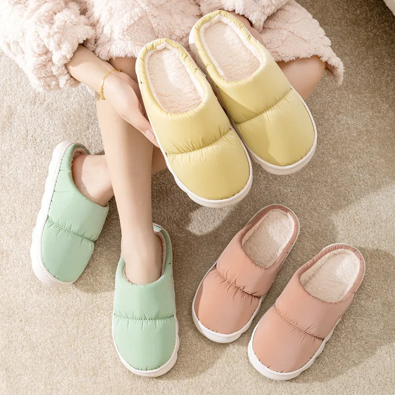 Down cotton slippers with artificial leather upper and rubber anti-slip sole in blue colour