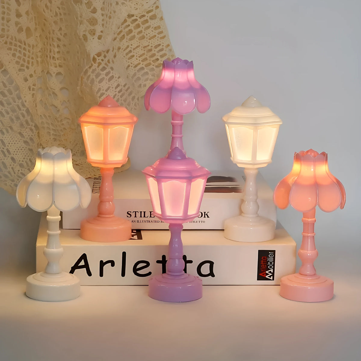 Retro pagoda styled night lamp with geometric design in light purple colour