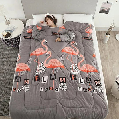 Cozy fleece blanket with sleeves in various colors, perfect for relaxing and enjoying indoor activities