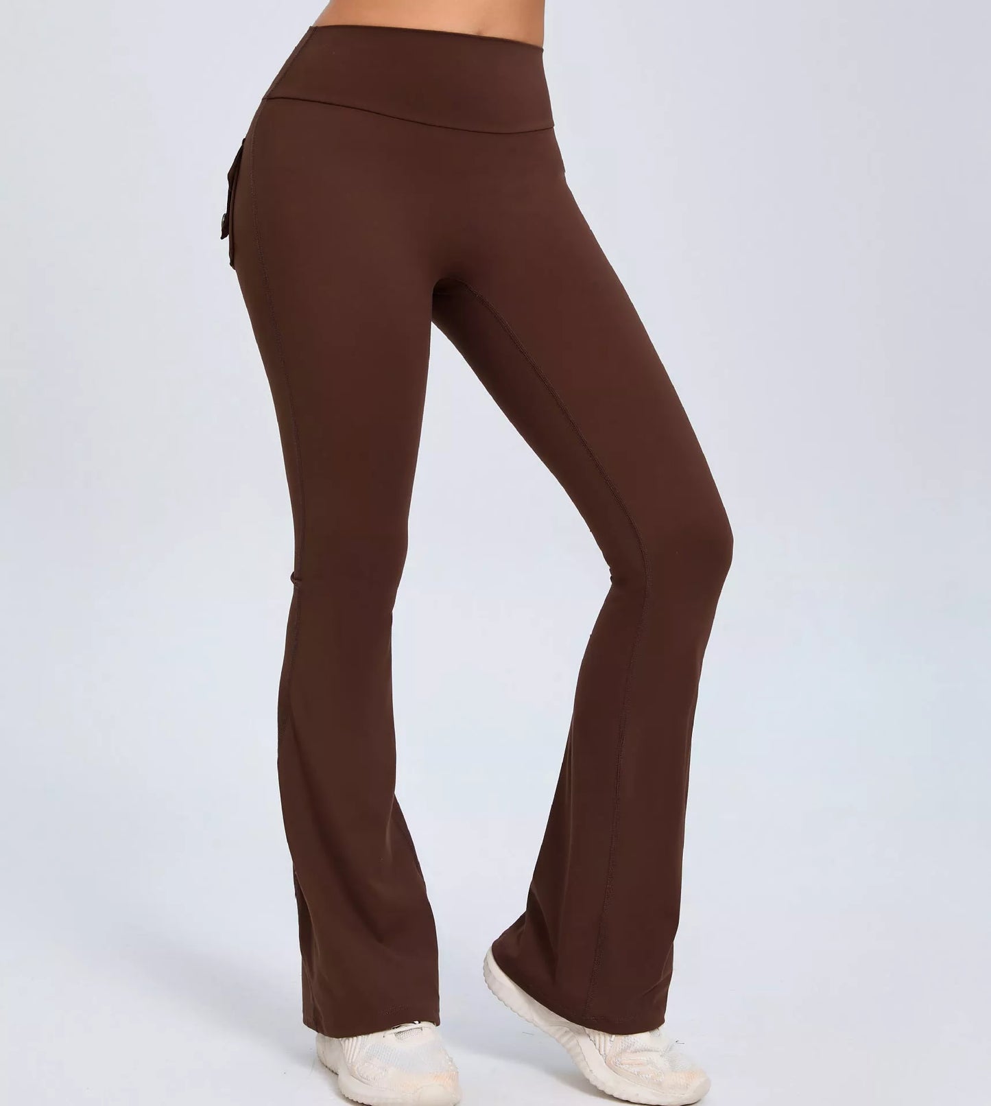 High waist flared yoga pants with pockets in black, brown, and green