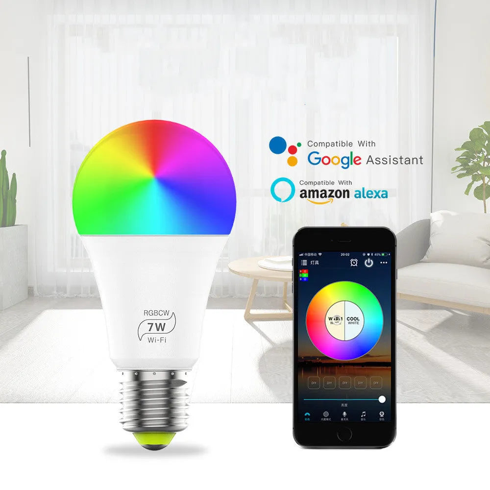7W LED smart WiFi bulb, E27, 60mm x 117mm, RGBCW colours, 2700-6500K, works with Alexa and Google Home