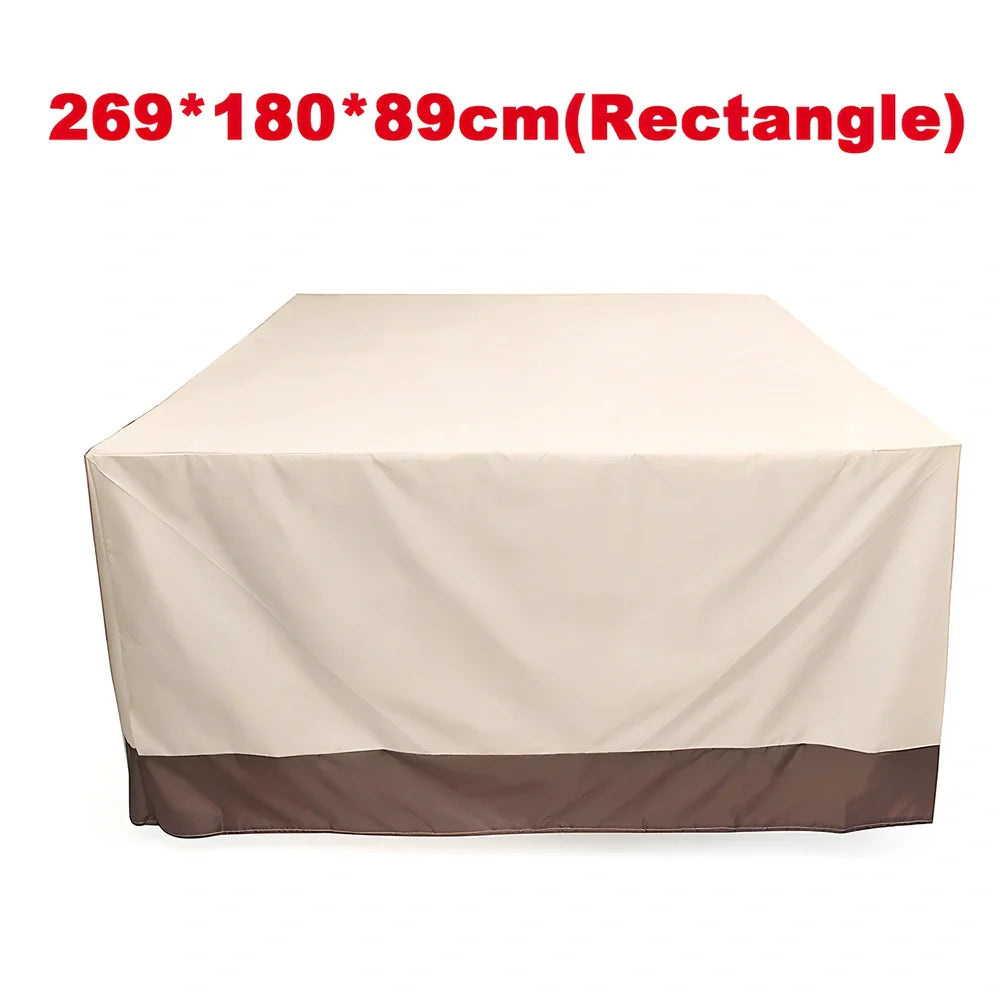Bronze waterproof patio furniture cover measuring 269cm long protecting outdoor garden furniture
