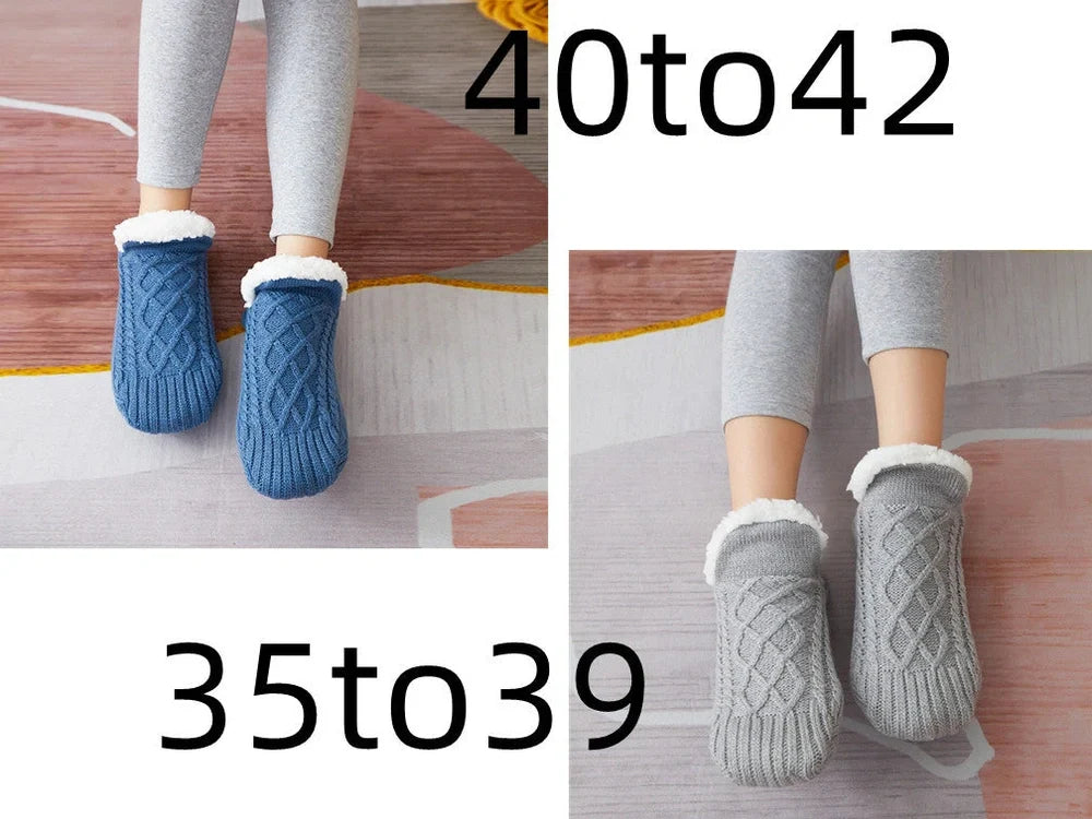 Winter woolen socks with V-opening design and anti-slip dots on soles in navy blue colour