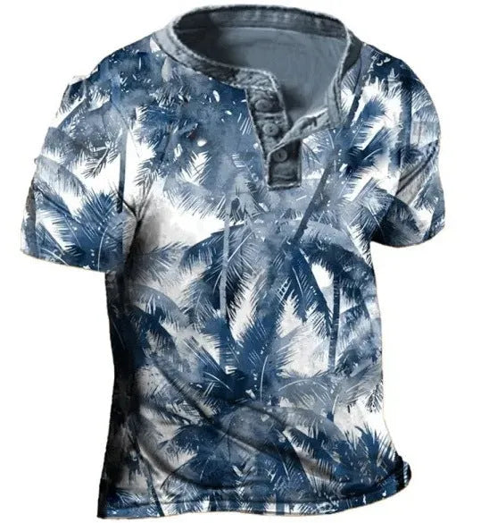 Men's grey 3D print pattern short sleeve polo shirt with lapel collar on a mannequin.
