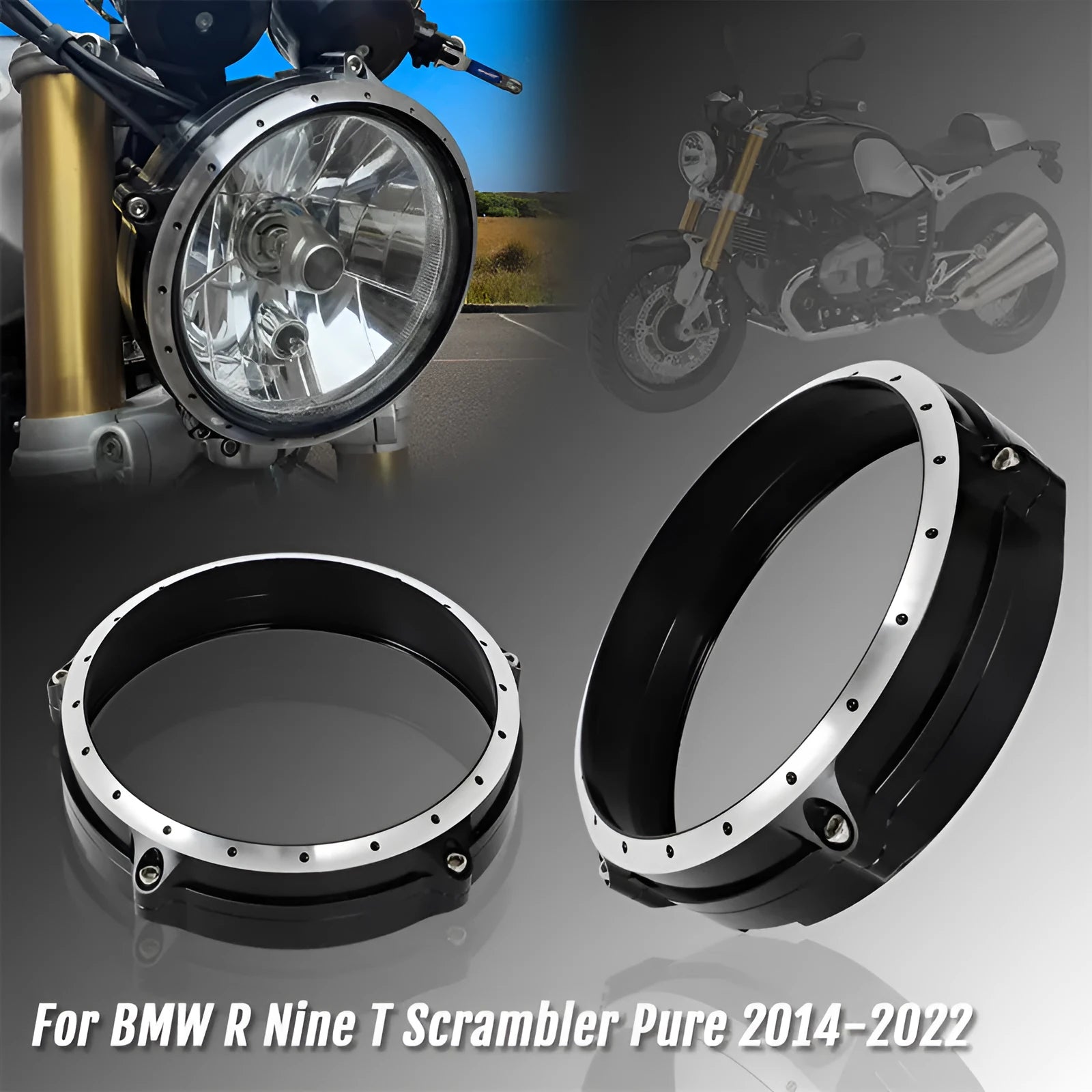 Black CNC aluminium headlight protective frame for BMW R NineT Scrambler motorcycle.