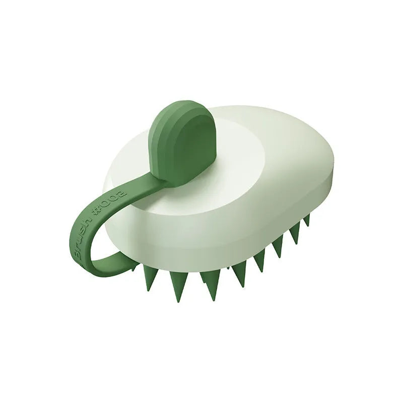 Handheld silicone pet hair remover and massage brush in blue, for use on dogs and cats during bathing.