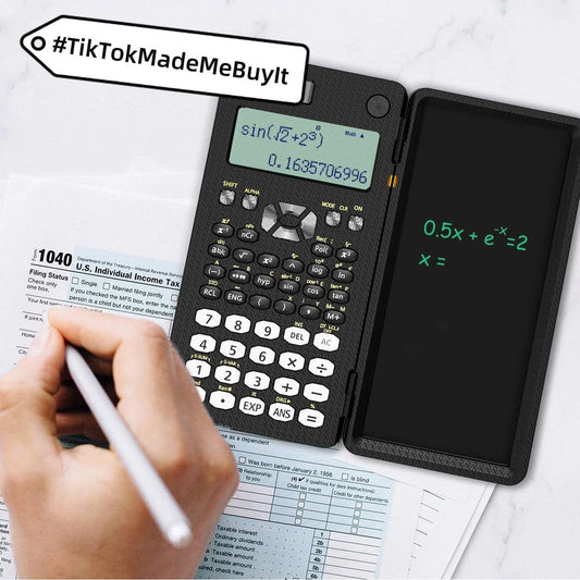 Ergonomic 2-in-1 scientific calculator with foldable writing pad, blue LCD screen, and compact design
