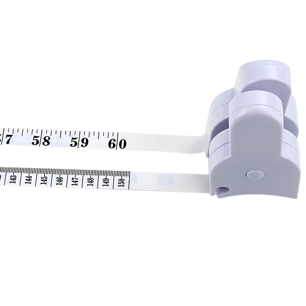Automatic body measuring tape with 1.5m range showing dual metric and imperial measurement scales