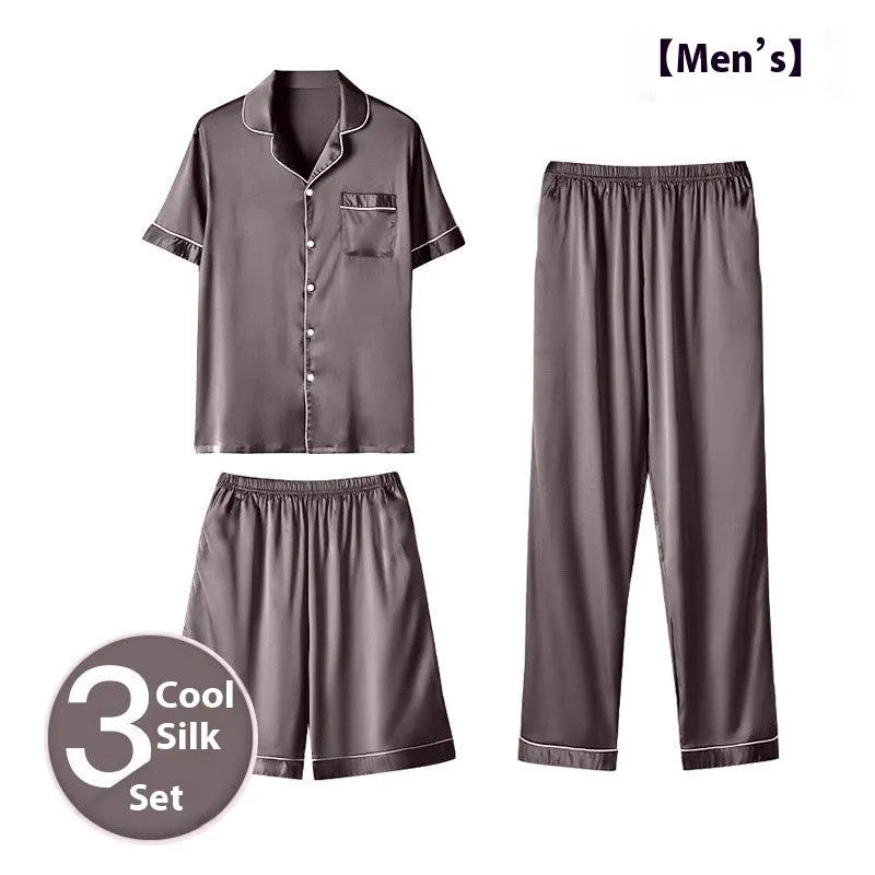 Men's black ice silk three-piece home wear set featuring a loose-fitting top with matching trousers and shorts.