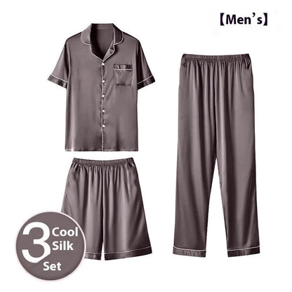 Men's black ice silk three-piece home wear set featuring a loose-fitting top with matching trousers and shorts.