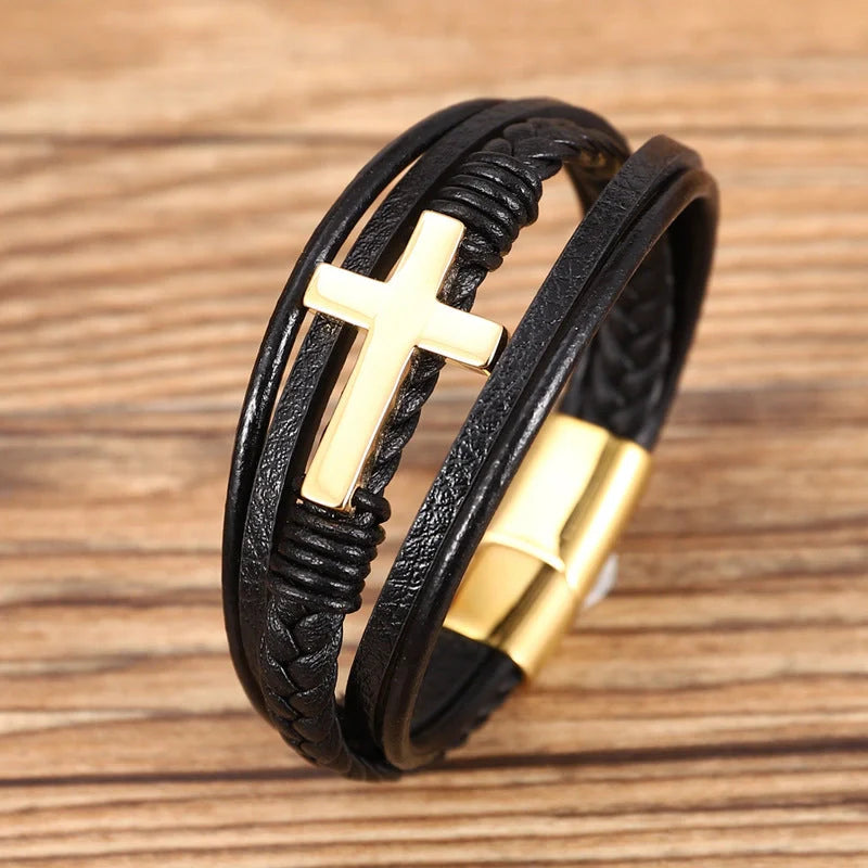 Men's braided stainless steel cross bracelet with elegant design, perfect for any occasion.