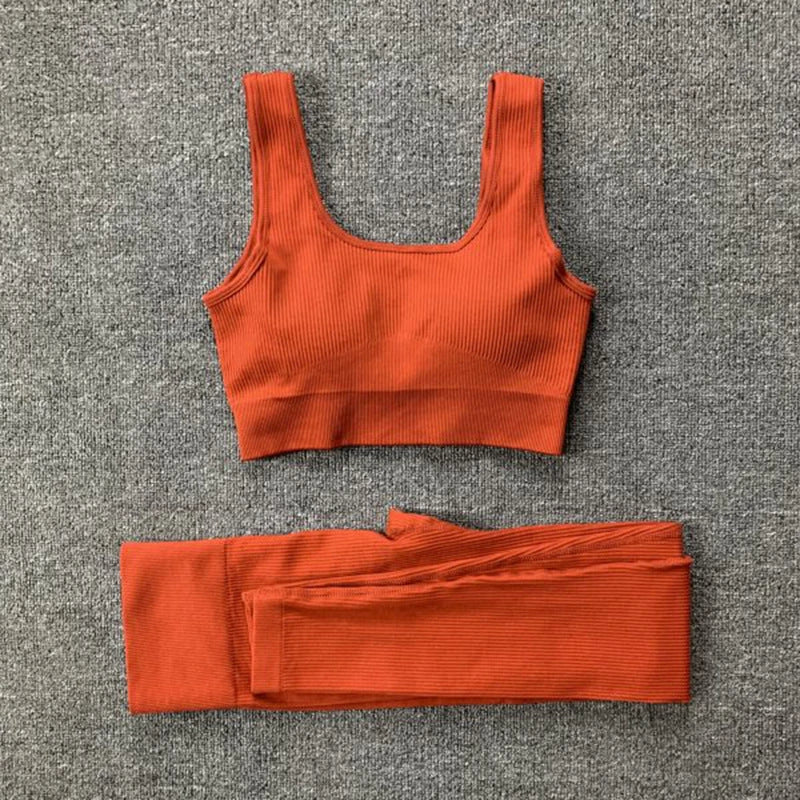 Seamless yoga set with high-waist leggings and supportive sports bra for women's fitness and activewear