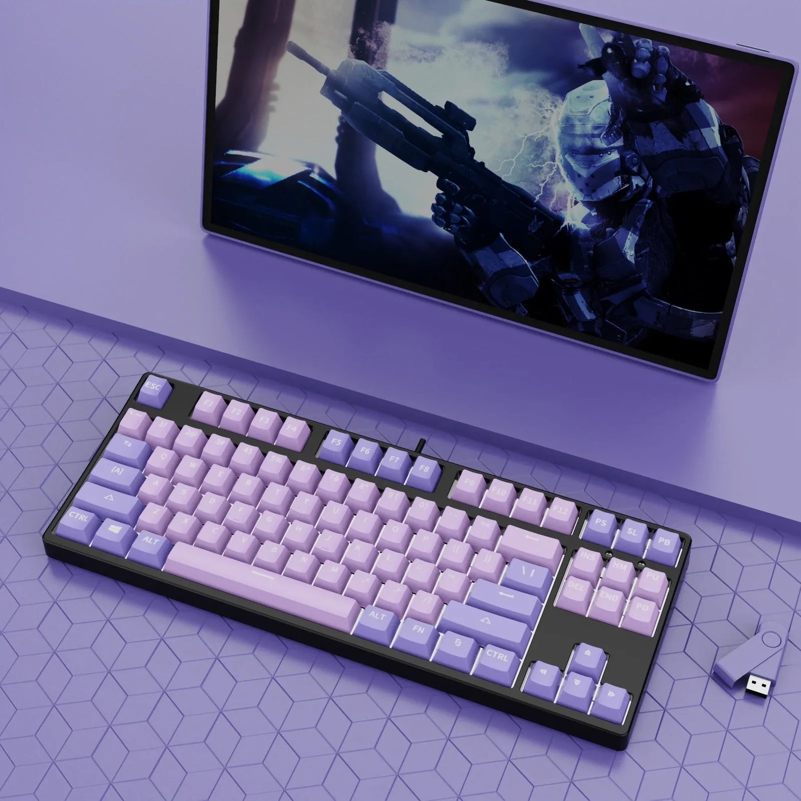 87-key mechanical keyboard with two-tone coloured keycaps on metal case