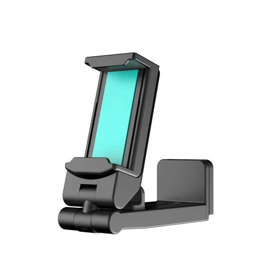 Black foldable rotating phone holder stand on a desk, showing universal phone compatibility and adjustable angles