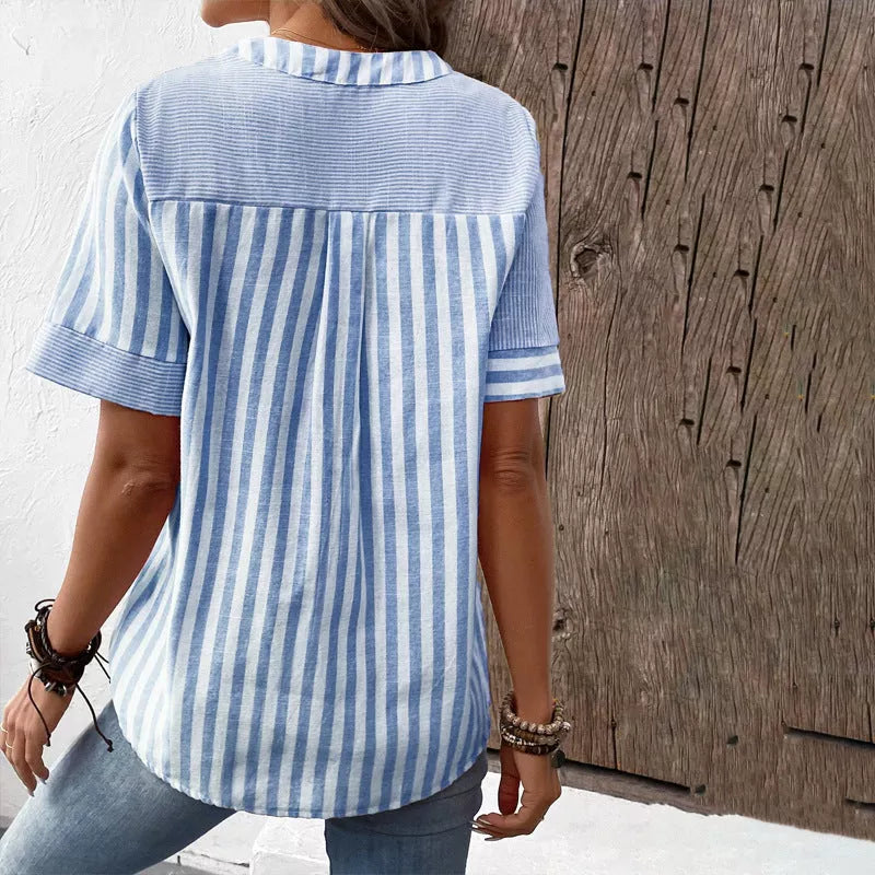Women's summer V-neck short-sleeved shirt with asymmetric stripes patchwork design in light blue, pink, or light green