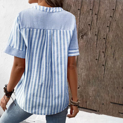 Women's summer V-neck short-sleeved shirt with asymmetric stripes patchwork design in light blue, pink, or light green