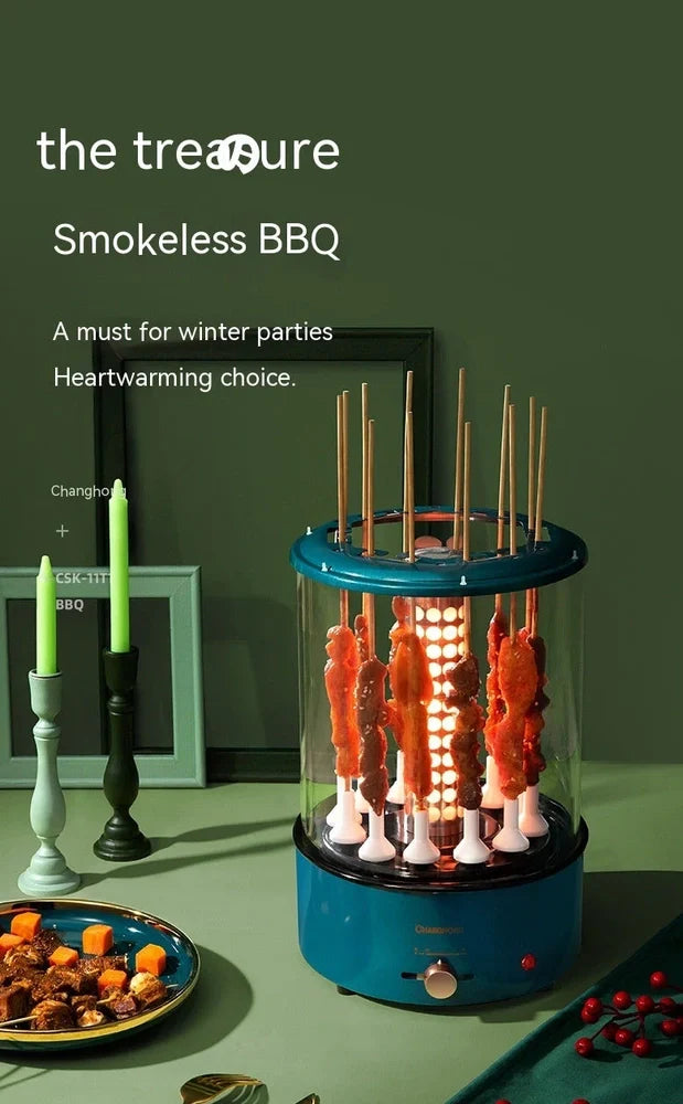 Blue automatic skewers machine with ceramic heating element and built-in oil receiver for smoke-free indoor grilling