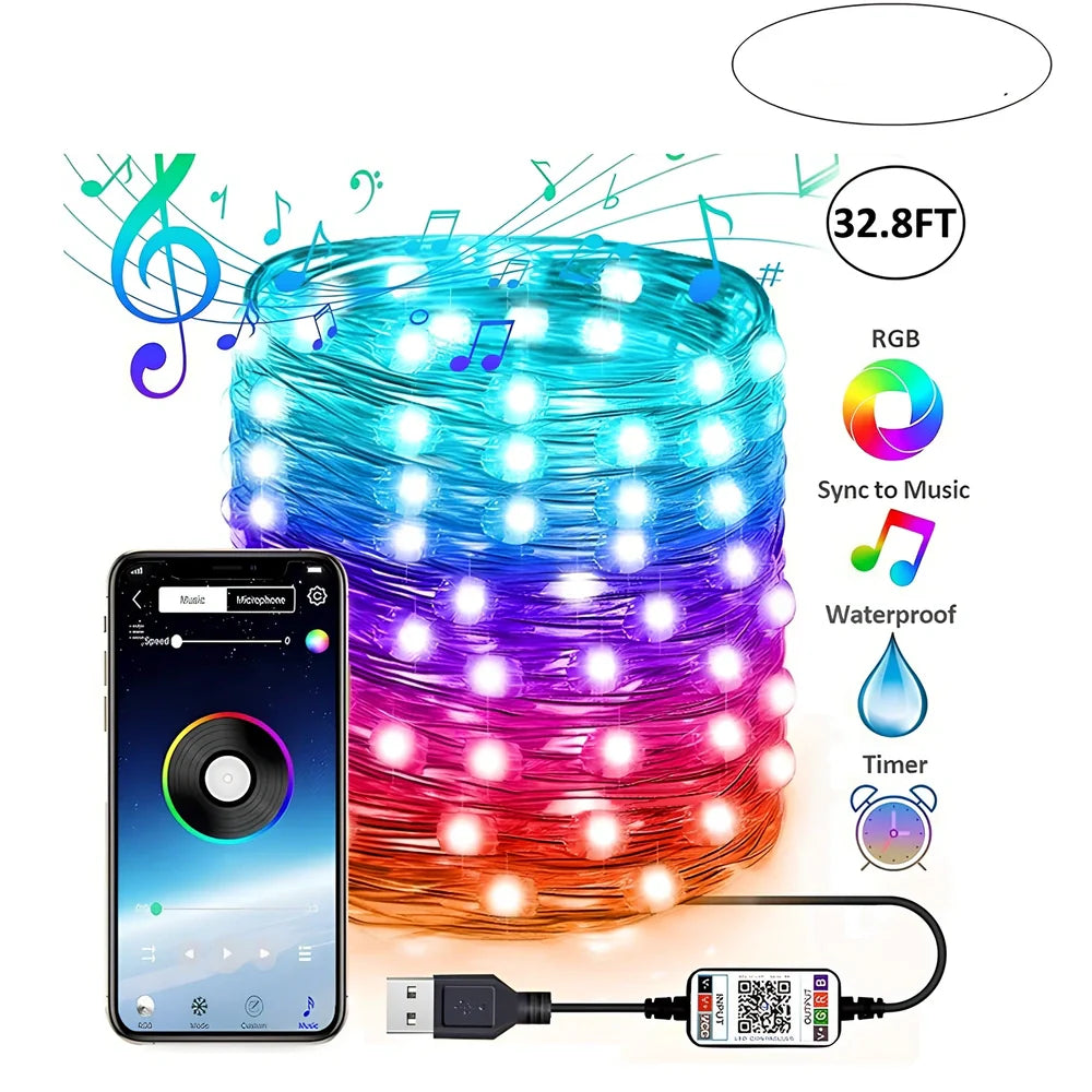 APP Bluetooth copper wire light string with 100 LED lights showing colour-changing pattern