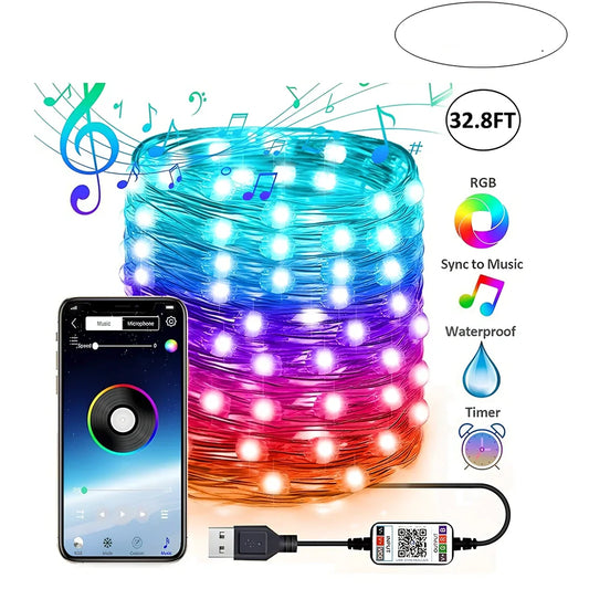 APP Bluetooth copper wire light string with 100 LED lights showing colour-changing pattern