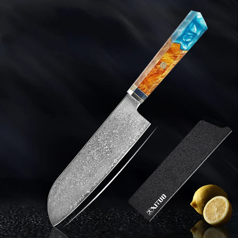 Six-piece Damascus steel kitchen knife set showing distinctive wave patterns on blades and pakkawood handles