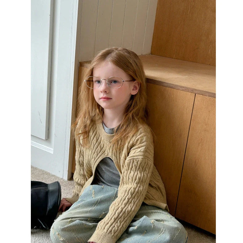 Girls' cotton knitted pullover in lotus root colour with single-breasted placket, shown on hanger