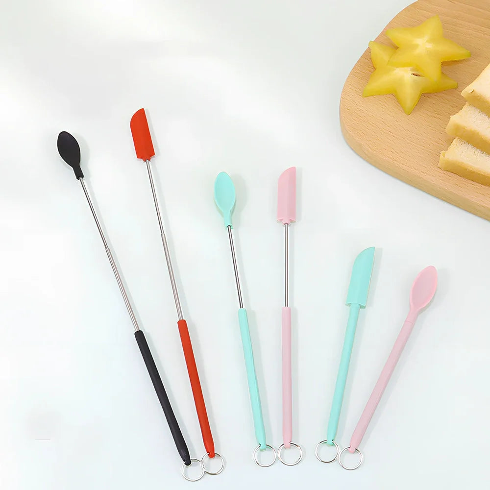 Retractable silicone cosmetic spatula extended to 15cm with scraper tool for product application