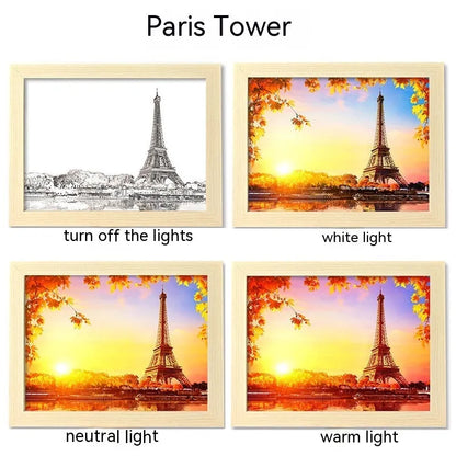 USB-powered LED picture frame night light displaying landscape artwork in modern plastic frame