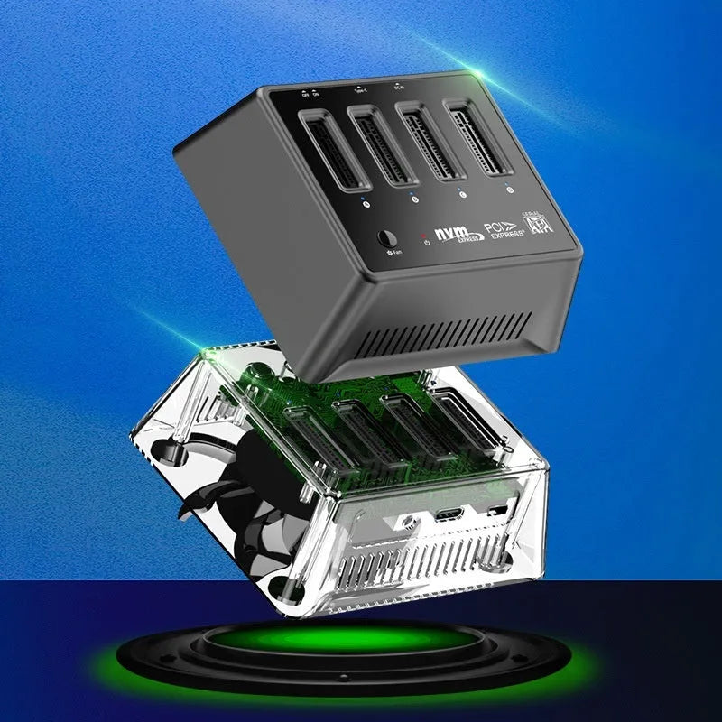 Aluminium M.2 SSD mounting base with heatsink fins, shown next to an M.2 drive and manual.