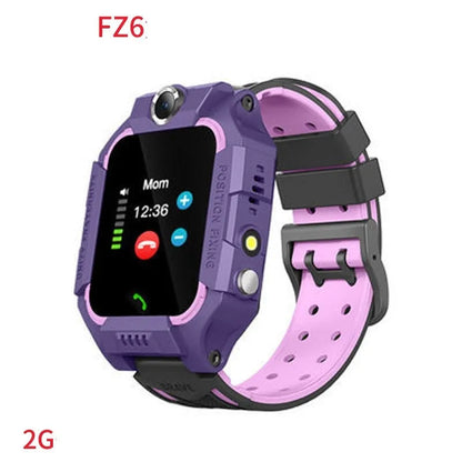 Z6 children smart watch with silicone strap, 128 x 128 touchscreen, and colour options in blue, pink, purple, and red