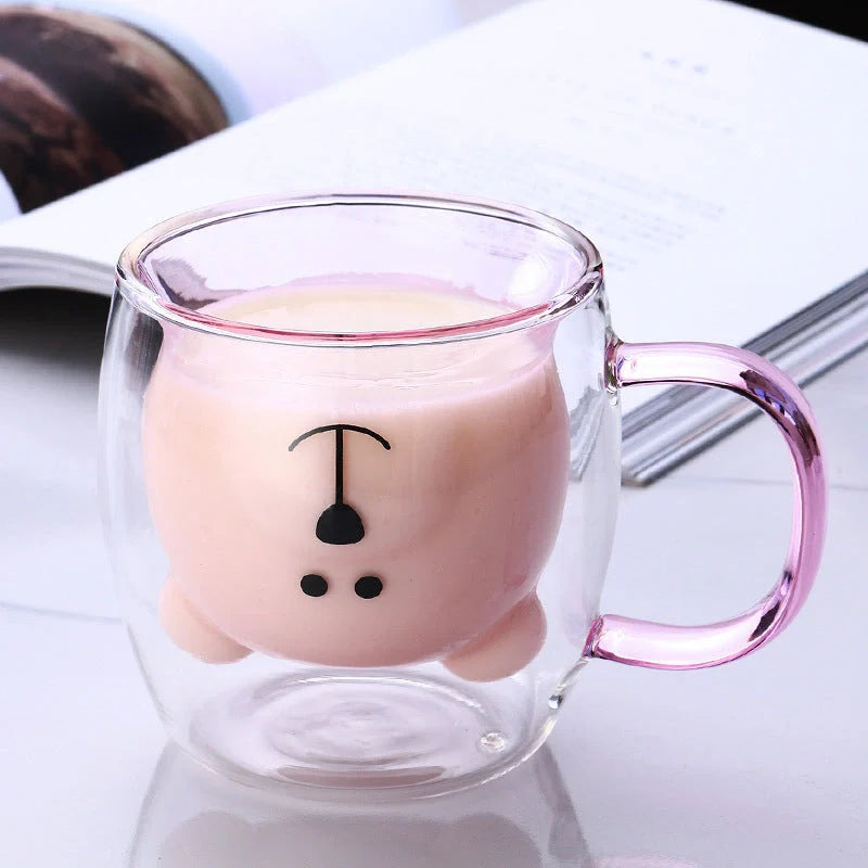 Creative Bear Double Coffee Milk Glass Cup for Kids in four colors: transparent, pink, lake green, and amber