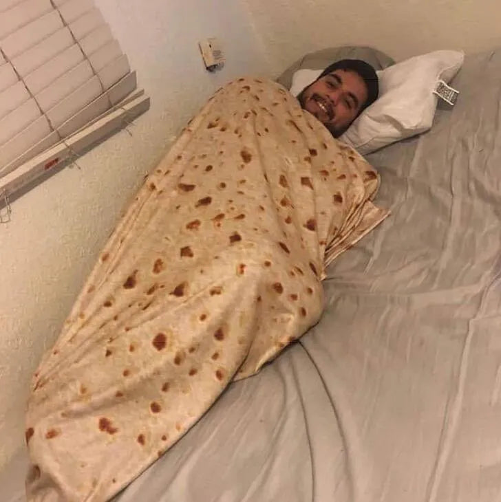 Round burrito tortilla wrap blanket with printed design in soft flannel microfiber material