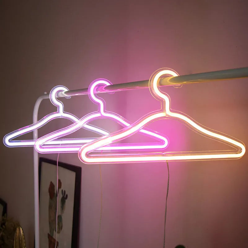 USB powered LED neon light clothes hanger with waterproof design in white, pink, and warm light options