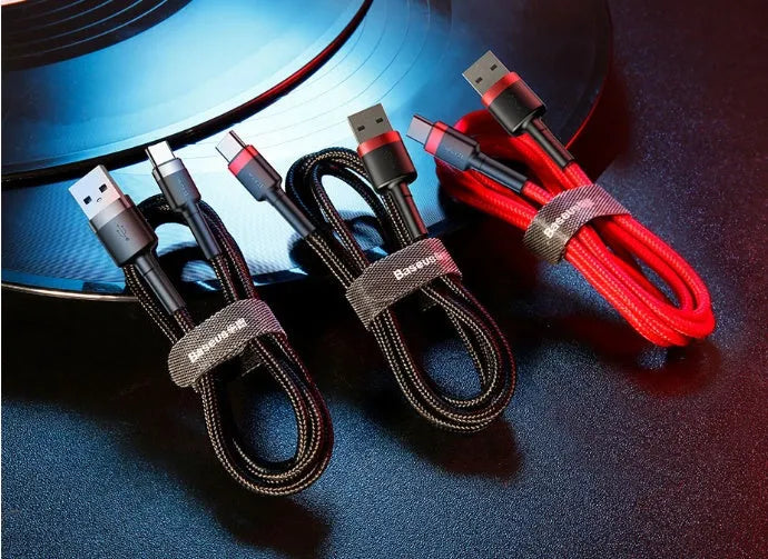 Android Micro USB charging cable with woven design, available in three lengths from 0.5m to 2m and multiple two-tone colour combinations for practical phone charging and data transfer.