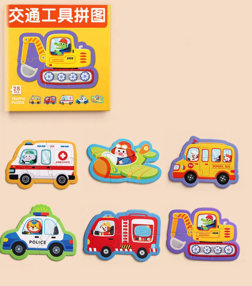 Five educational puzzle boxes for infants with animal, fruit, farm, transportation, and profession themes