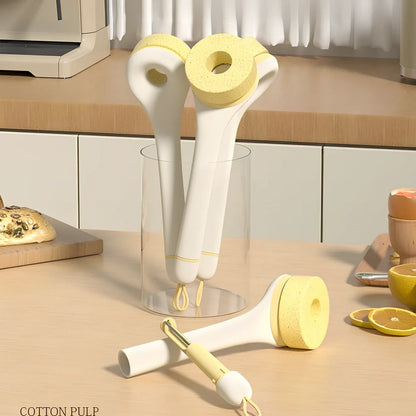 Wood pulp sponge cleaning brush with PP handle, replaceable cotton heads, and integrated peeling knife for pots and dishes