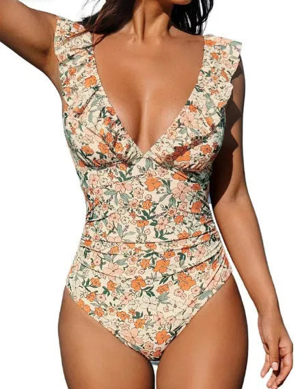 Women's one-piece swimsuit with v-neck and lace-up front in multiple colour options