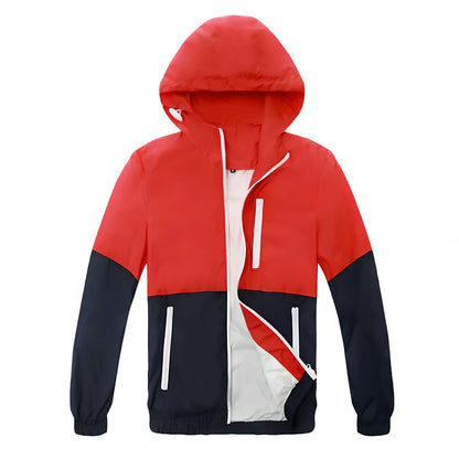 Men's lightweight hooded trench jacket in multiple colours showing front zip and hood design