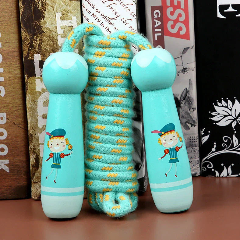 Wooden children's skipping toy with adjustable rope showing six character style options