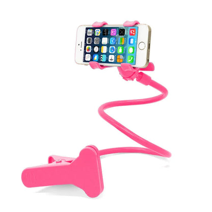 Black flexible arm mobile phone holder with V-clip gripping a smartphone, extended to 70cm on a bedside table.