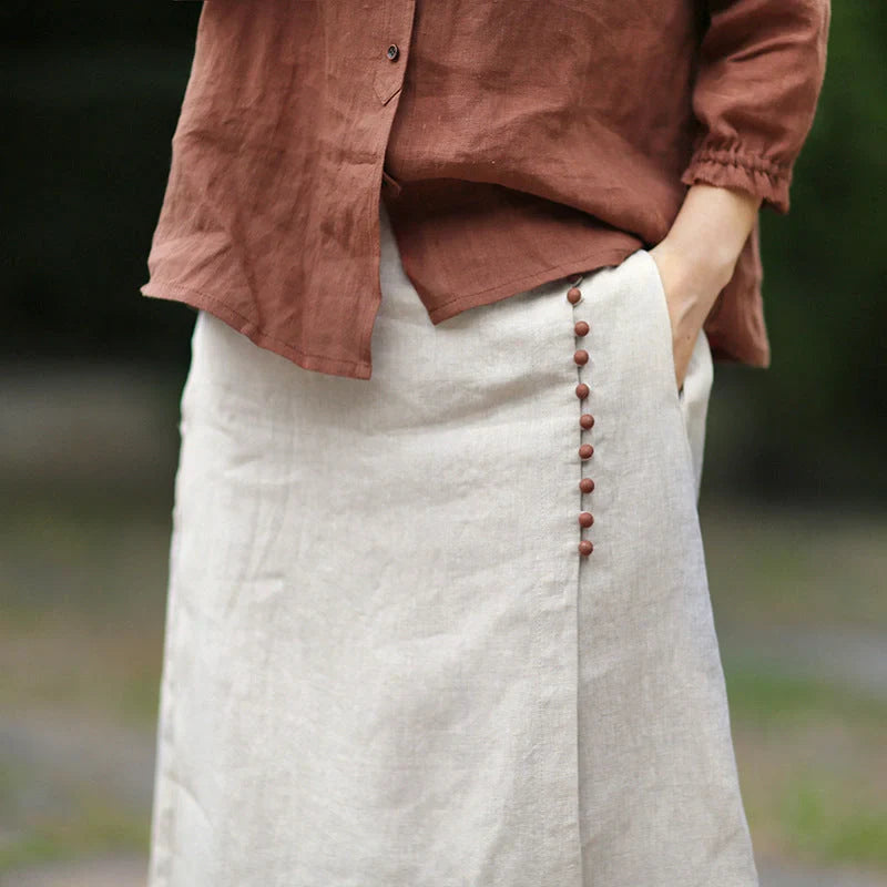 Artistic linen skirt with unique stitching in hemp color, perfect for retro and literary style outfits.